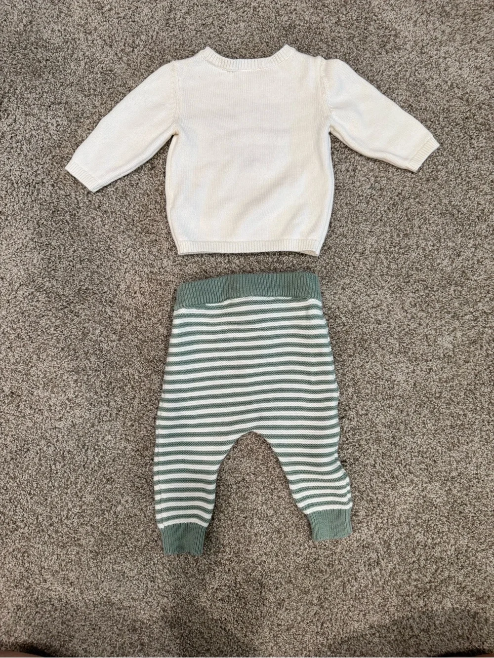 Carter's White Sweater with Green Clover & Green-White Striped Knit Joggers